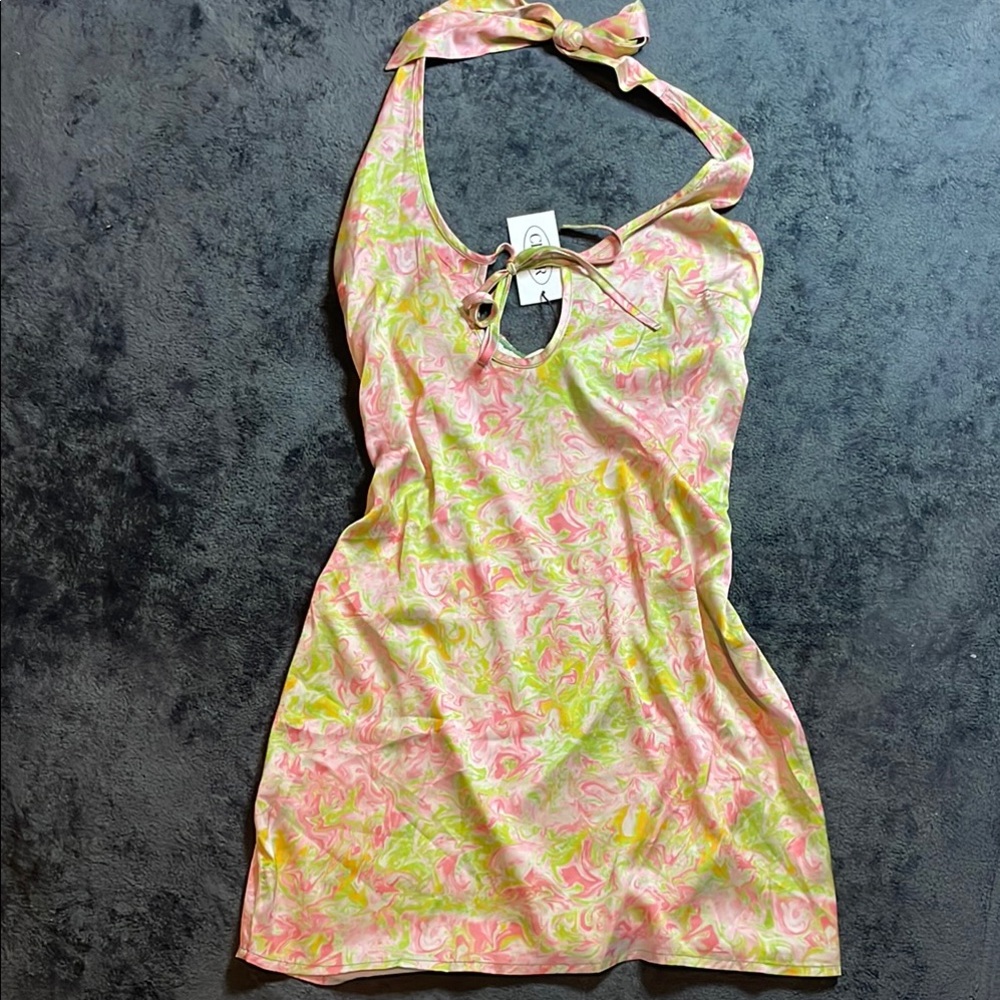 Cider Tie Dye Pink and Green Halter Dress
